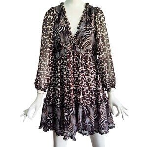 BETSEY JOHNSON All Over Animal Zebra Print Chiffon Flounce Hem Babydoll Dress S